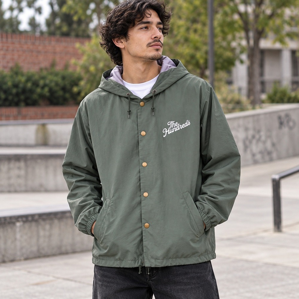 074 The Hundreds Mens Hooded Coach Jacket Windbreaker (Medium, Green, NWOT)